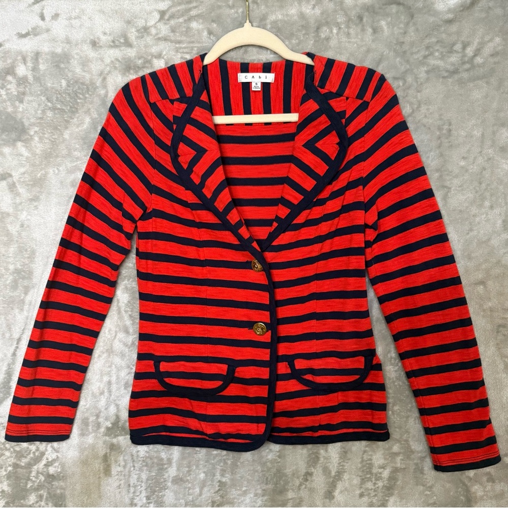 CAbi Blue and Red Striped all Cotton Sweater Blazer Jacket Small